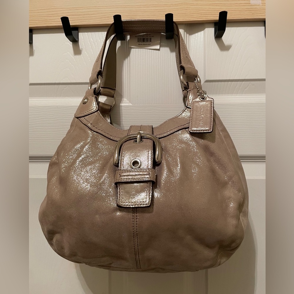 Coach F15527Soho leather Flap buckle Champagne  Metallic Leather purple interior